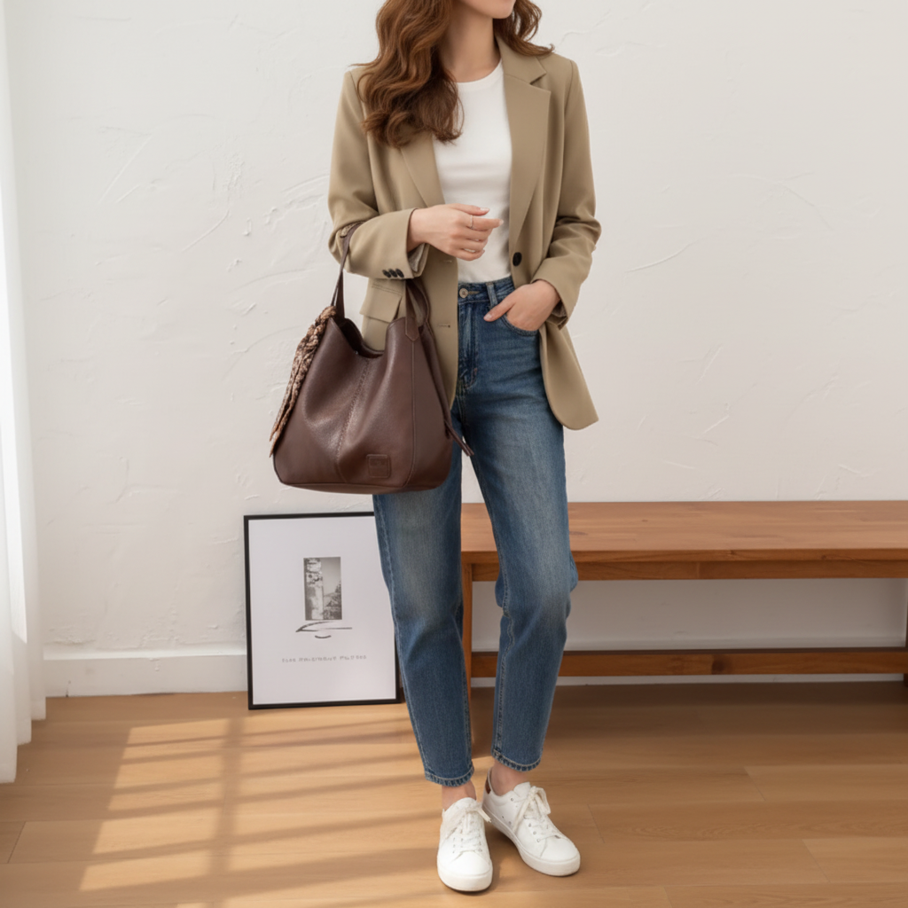 Femme sac marron côté