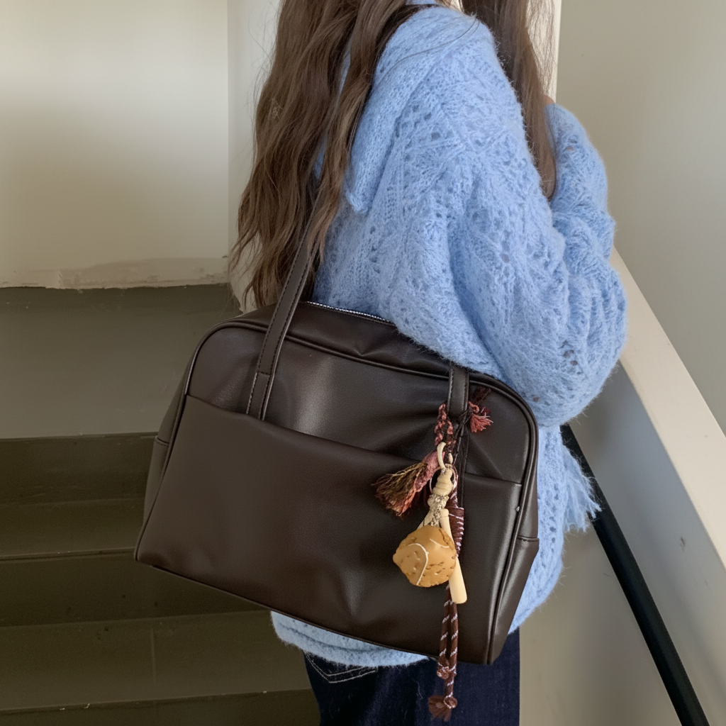Femme sac marron fond gris clair