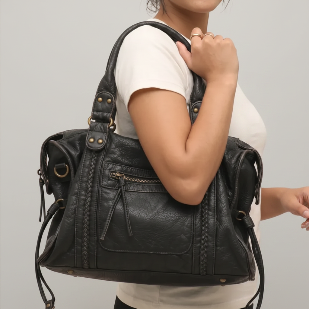 Femme sac noir vintage fond gris clair