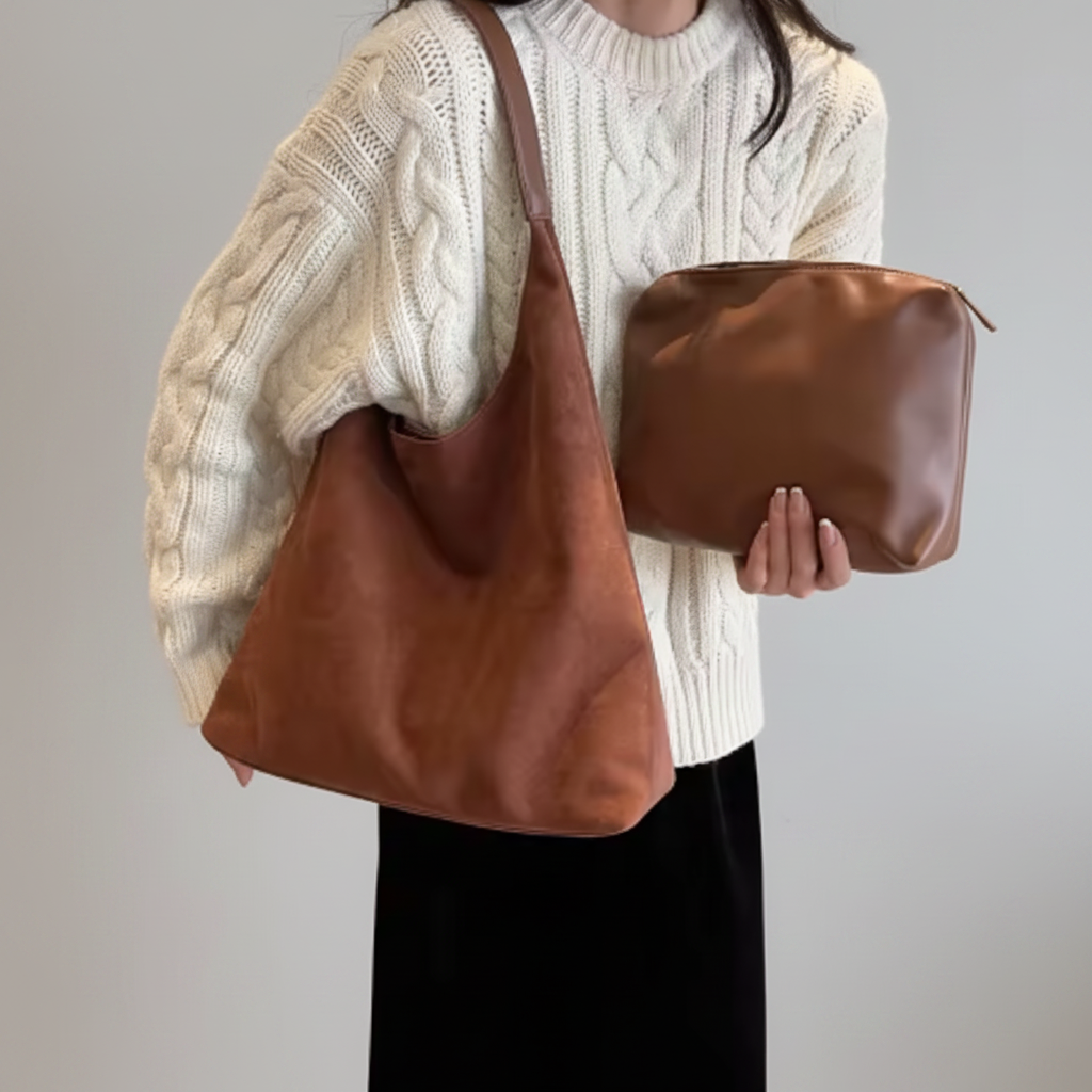 Hobo caramel + clutch - fond gris clair