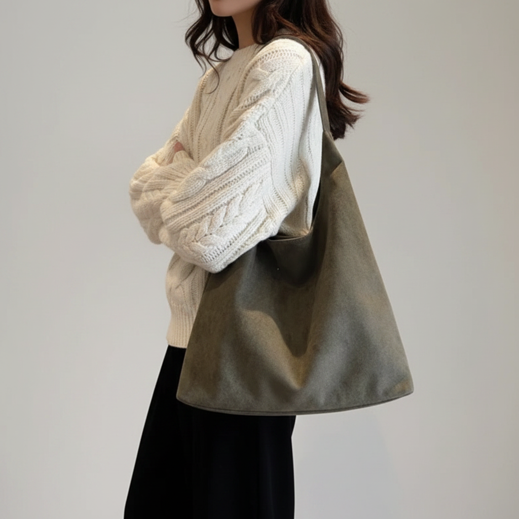 Hobo kaki suède pull crème - fond gris clair