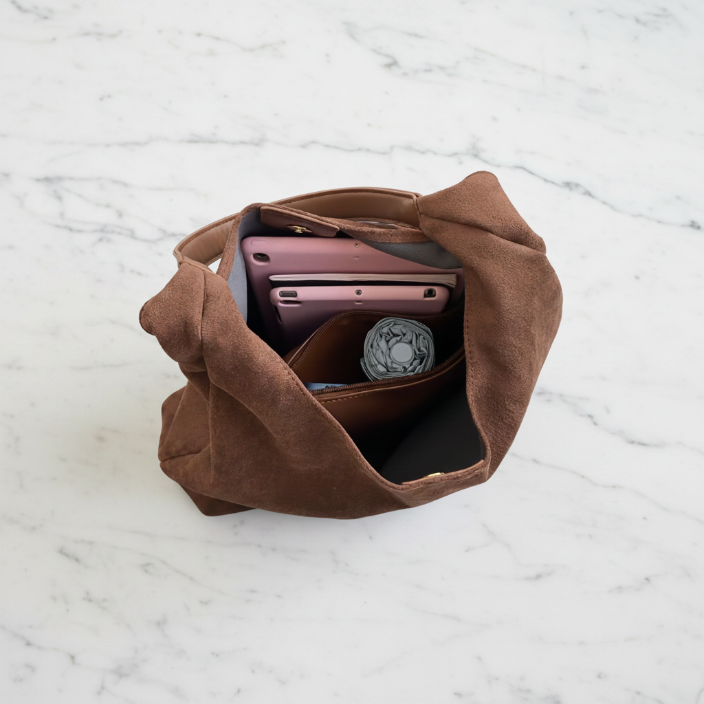 Intérieur hobo marron sur table - fond gris clair