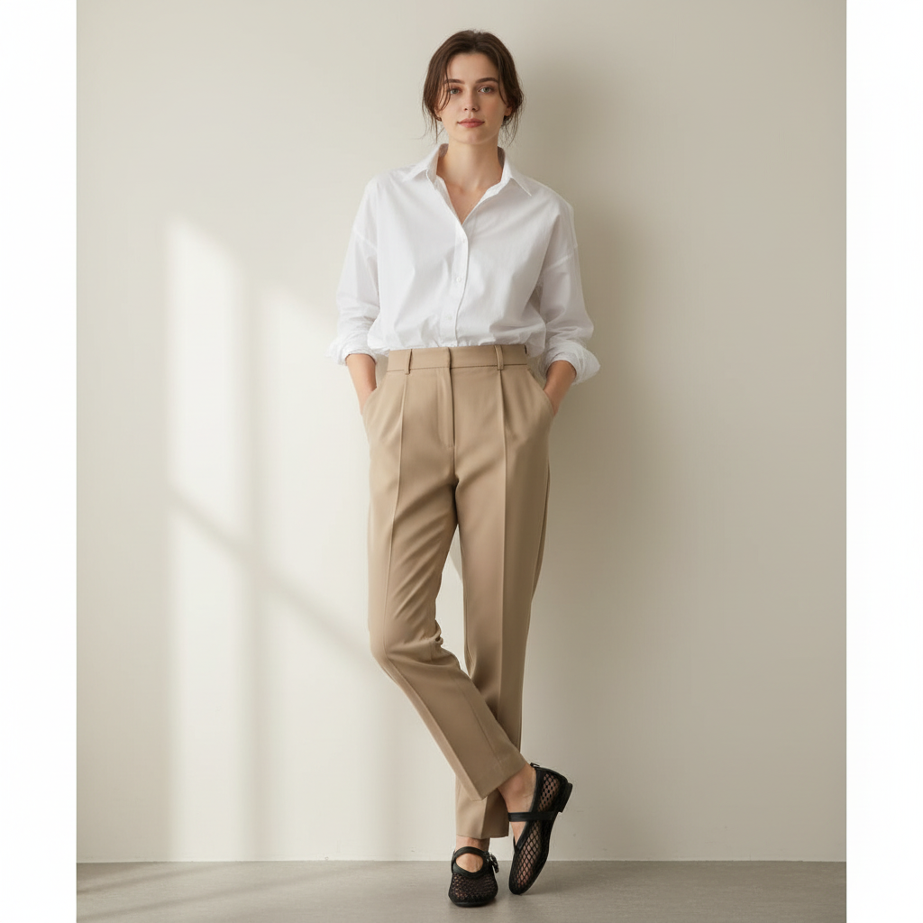 Look chemise blanche pantalon beige