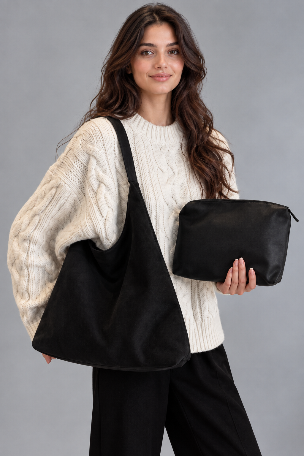 Même femme avec la tête droite et les sacs noirs