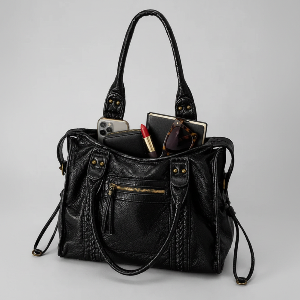 Même sac avec nouvelles lunettes, rouge à lèvres rouge et nouveau téléphone