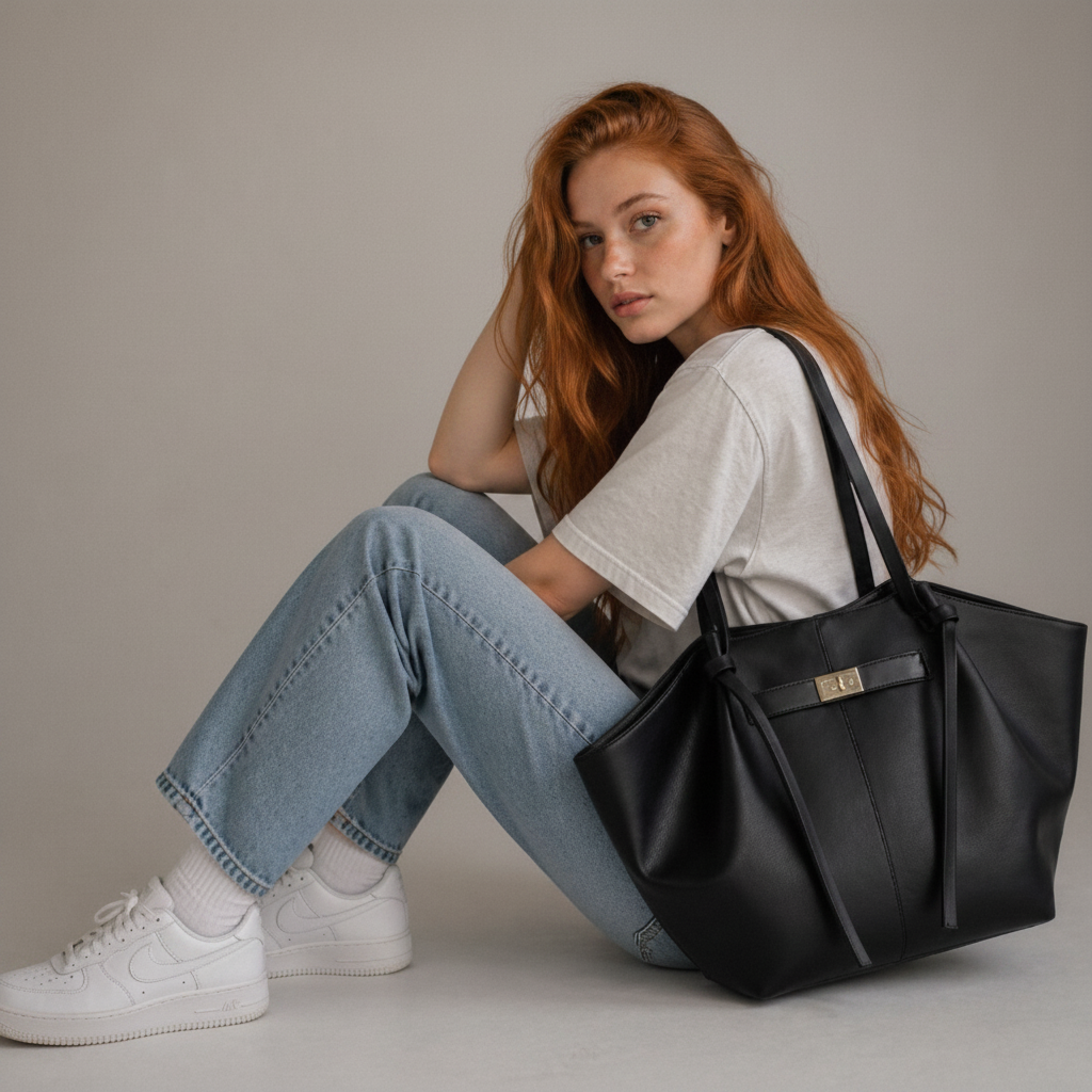 Rousse pose genoux – sac noir