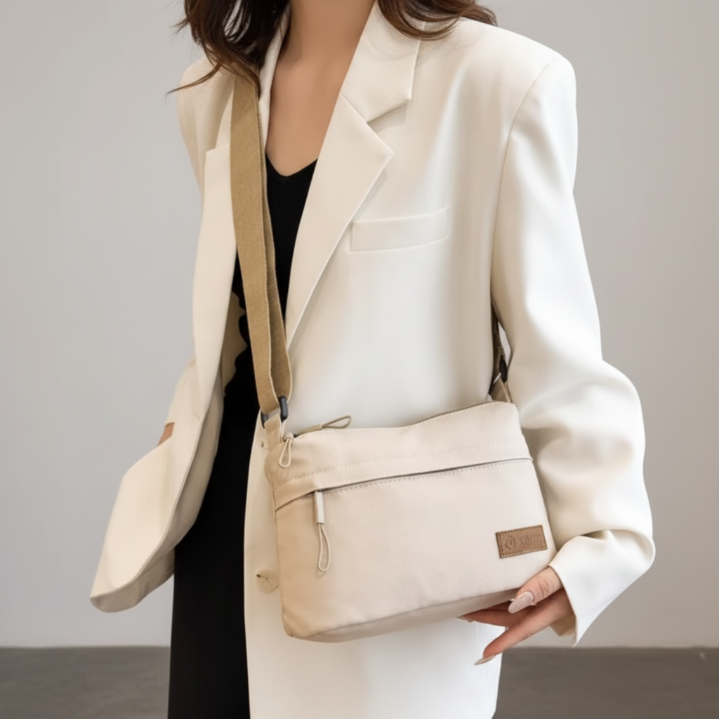 Sac bandoulière beige modèle - fond gris clair