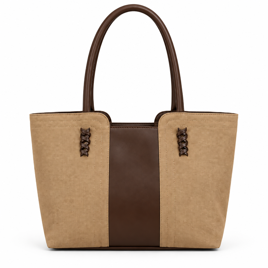 Sac beige et marron sur fond blanc