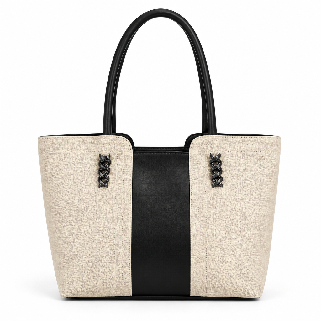 Sac beige et noir sur fond blanc