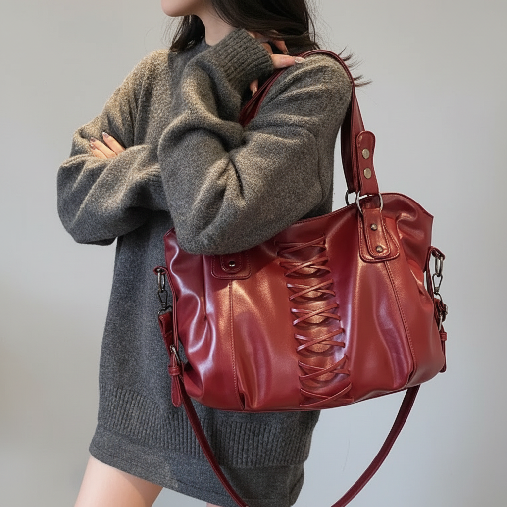 Sac bordeaux corset modèle - fond gris clair