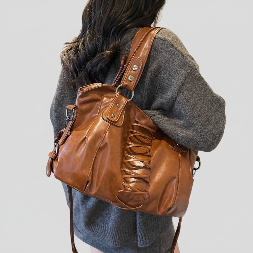 Sac caramel corset modèle dos - fond gris clair