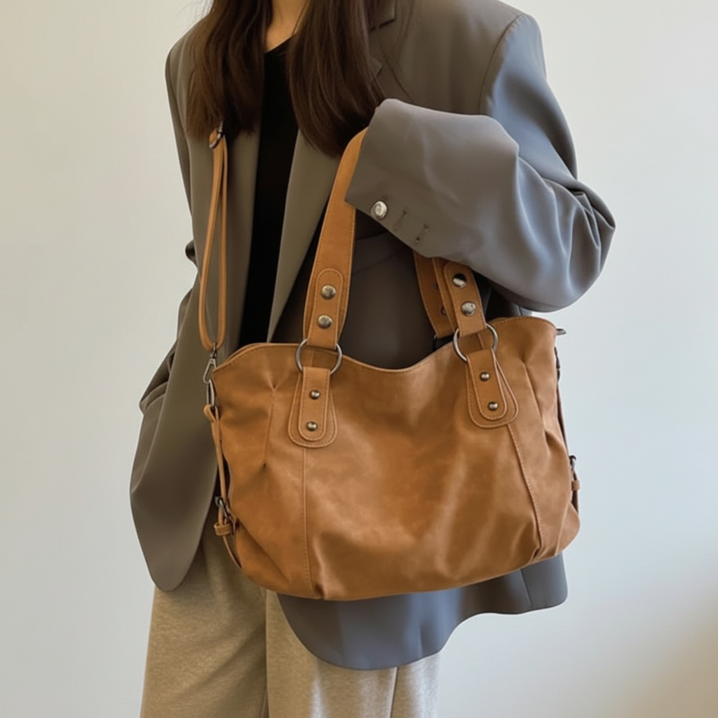 Sac caramel modèle - fond gris clair