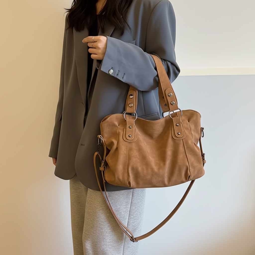 Sac caramel modèle - fond gris clair
