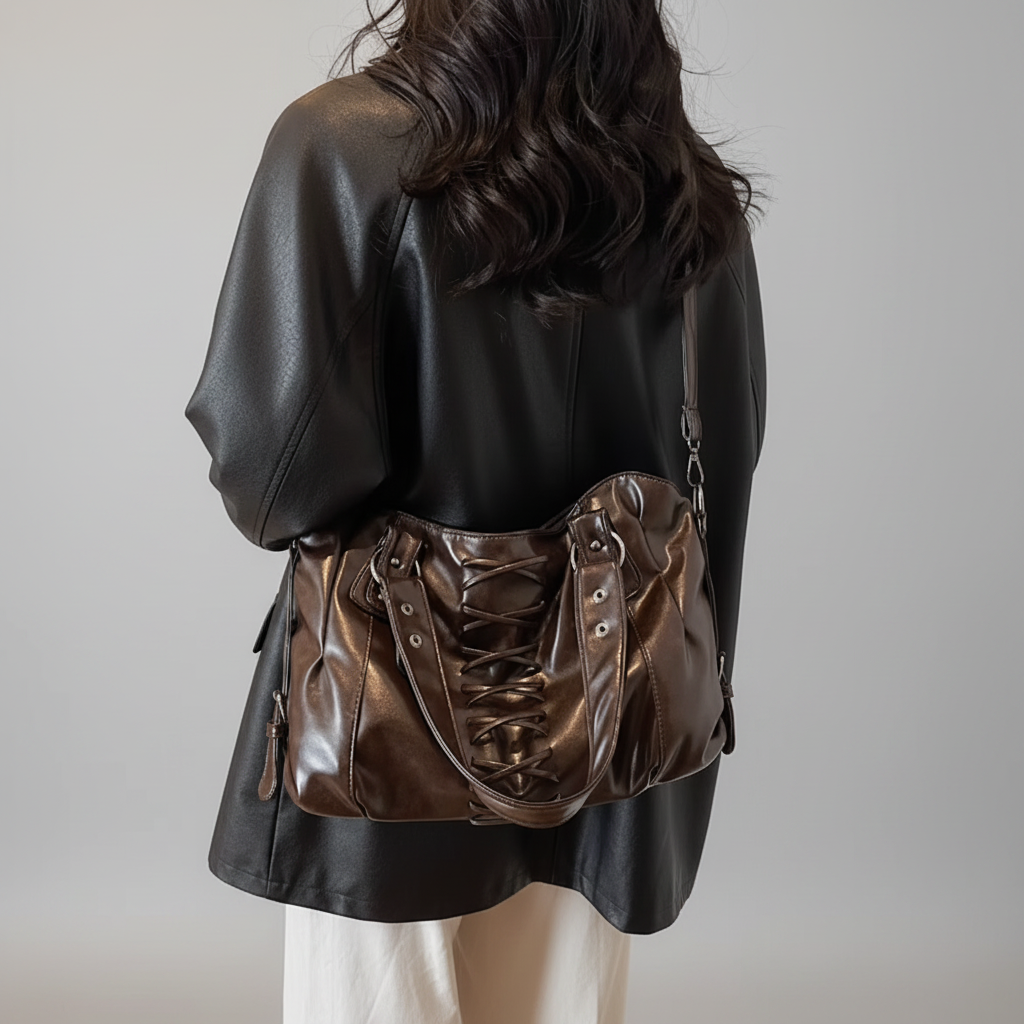 Sac chocolat corset modèle dos - fond gris clair