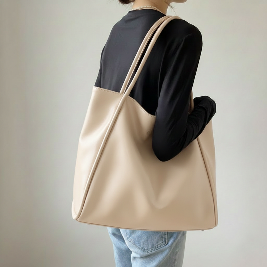 Sac crème porté sur fond gris clair