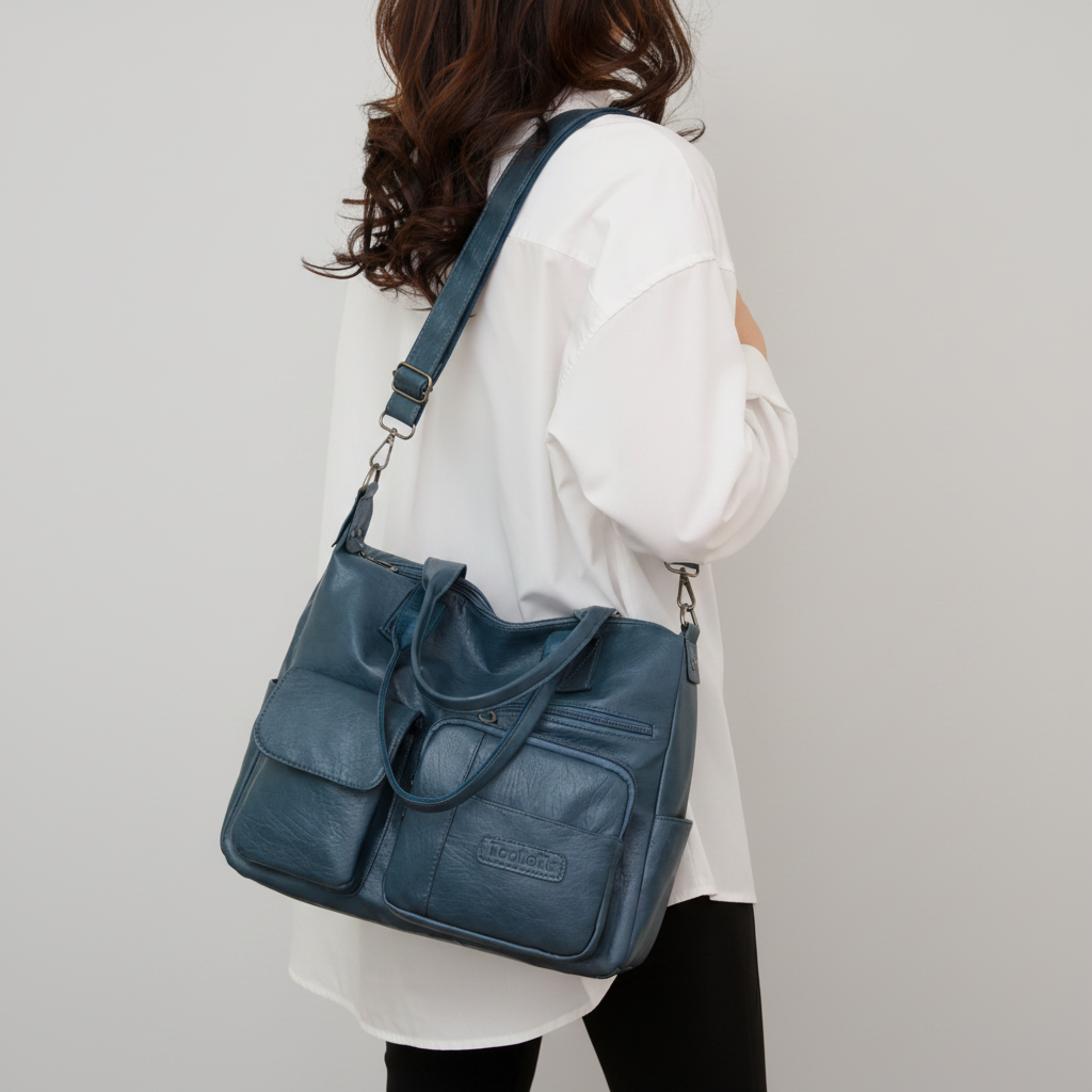 Sac cuir bleu acier modèle côté - fond gris clair racé