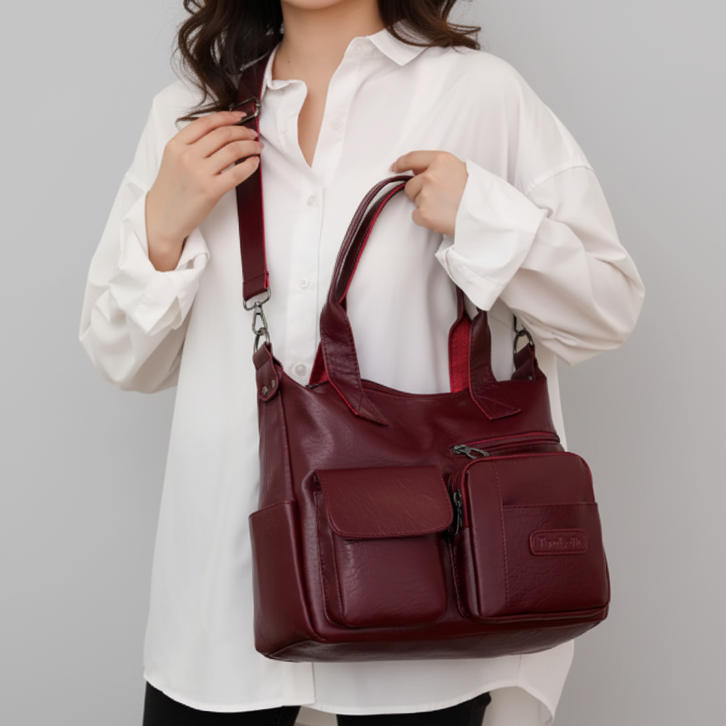 Sac cuir bordeaux modèle face - fond gris clair racé