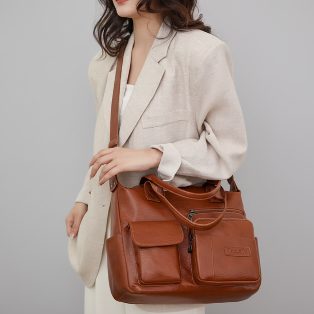 Sac cuir caramel modèle blazer - fond gris clair racé