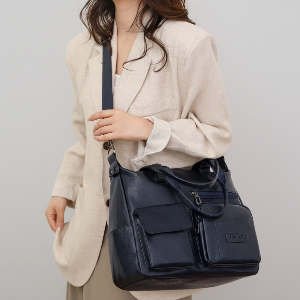 Sac cuir marine modèle blazer - fond gris clair racé