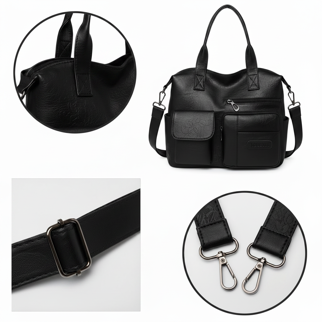 Sac cuir noir détail 4 vues - fond blanc