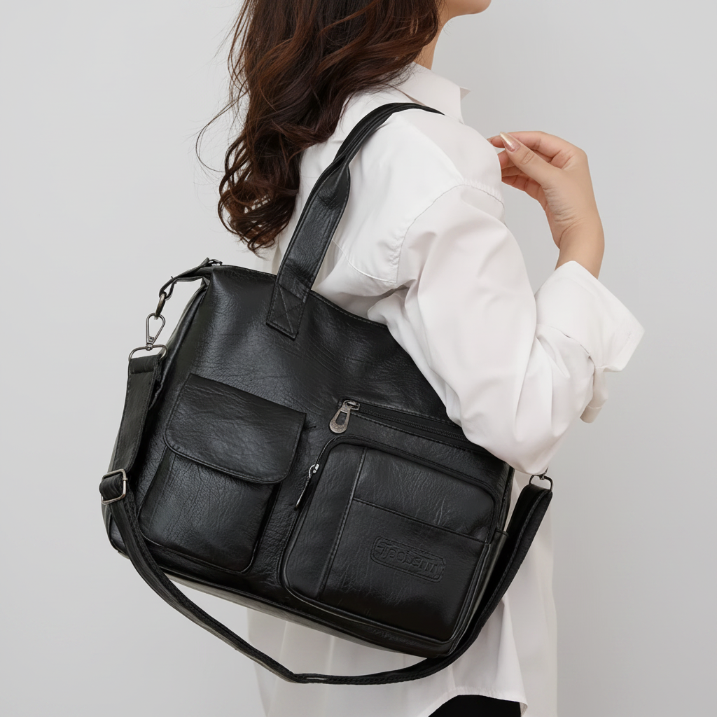Sac cuir noir modèle côté - fond gris clair racé