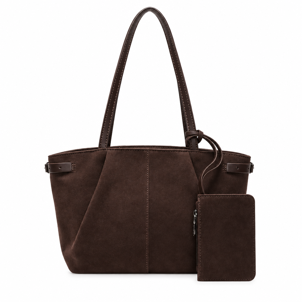 Sac fourre-tout marron foncé en daim avec pochette, version HD sur fond blanc