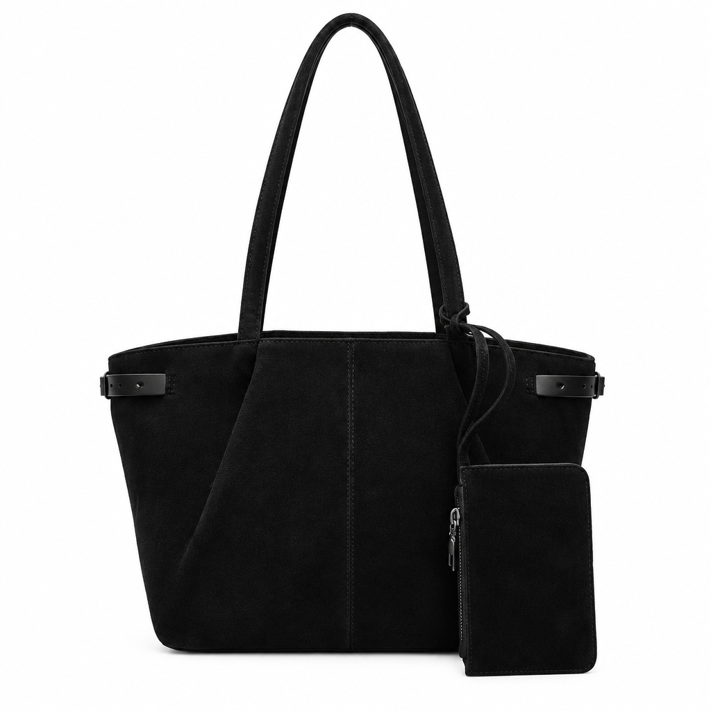 Sac fourre-tout noir en daim avec pochette, version HD sur fond blanc