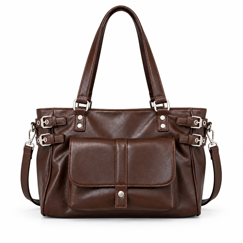 Sac marron à boucles argentées sur fond blanc