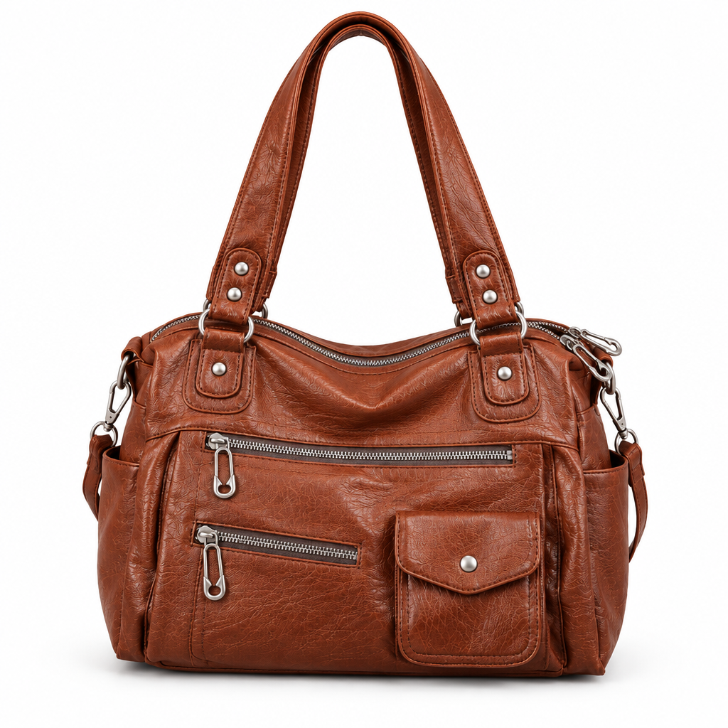 Sac marron cognac multi-poches sur fond blanc