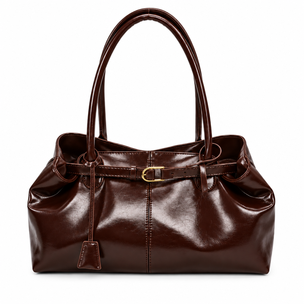 Sac marron foncé sur fond blanc, en format carré