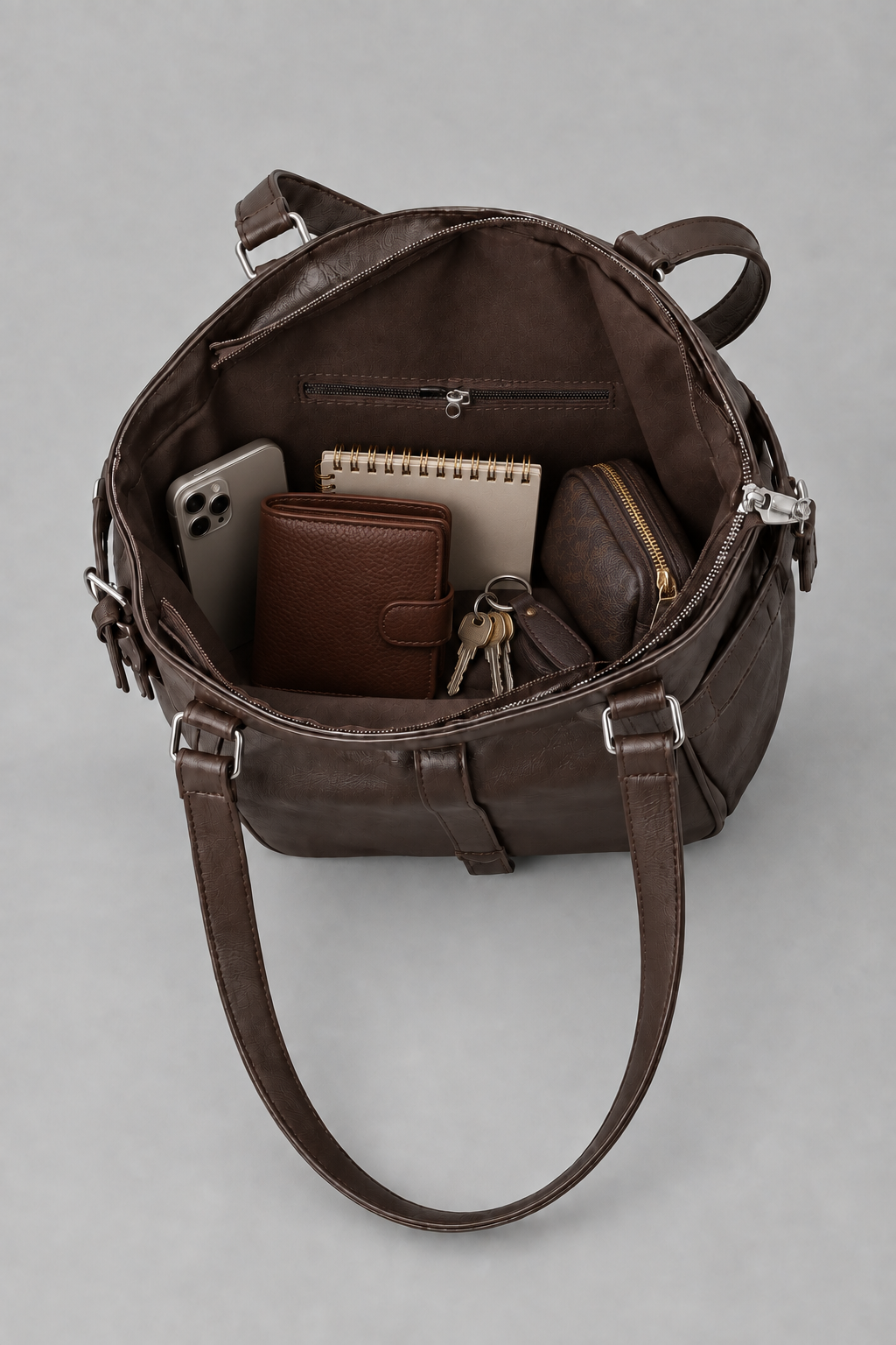 Sac marron ouvert et rempli sur fond gris