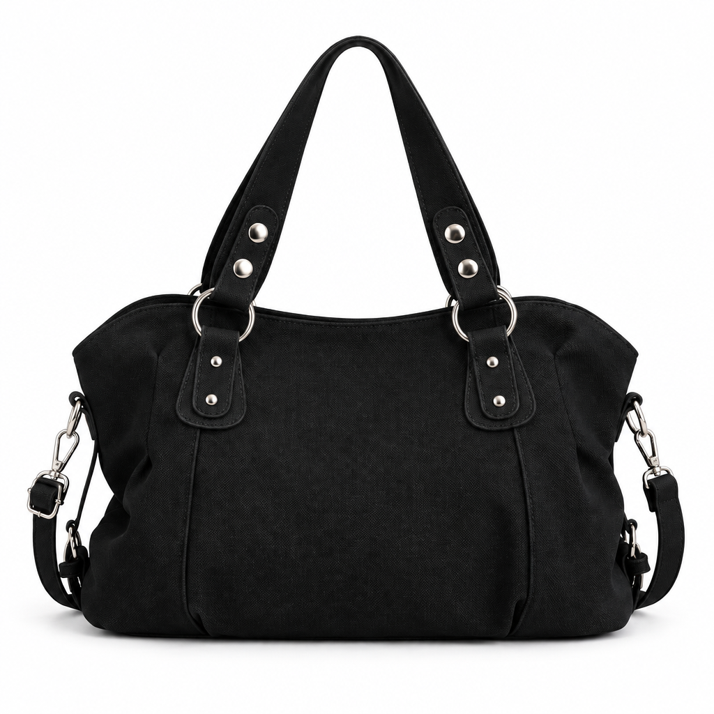 Sac noir avec détails argentés sur fond blanc
