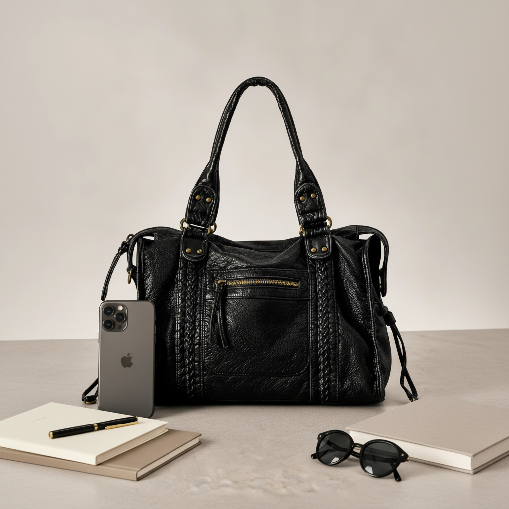 Sac noir avec iPhone, livre, lunettes et cahiers