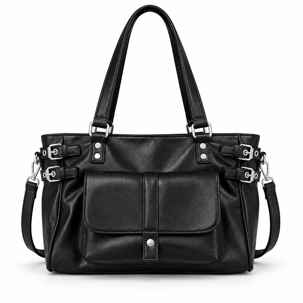 Sac noir à boucles argentées sur fond blanc