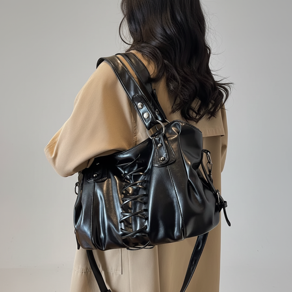 Sac noir corset modèle dos - fond gris clair