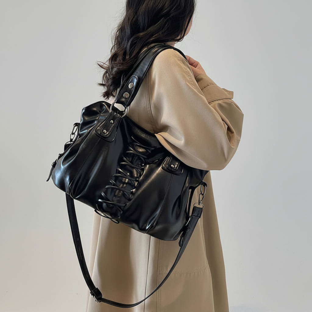 Sac noir corset modèle - fond gris clair