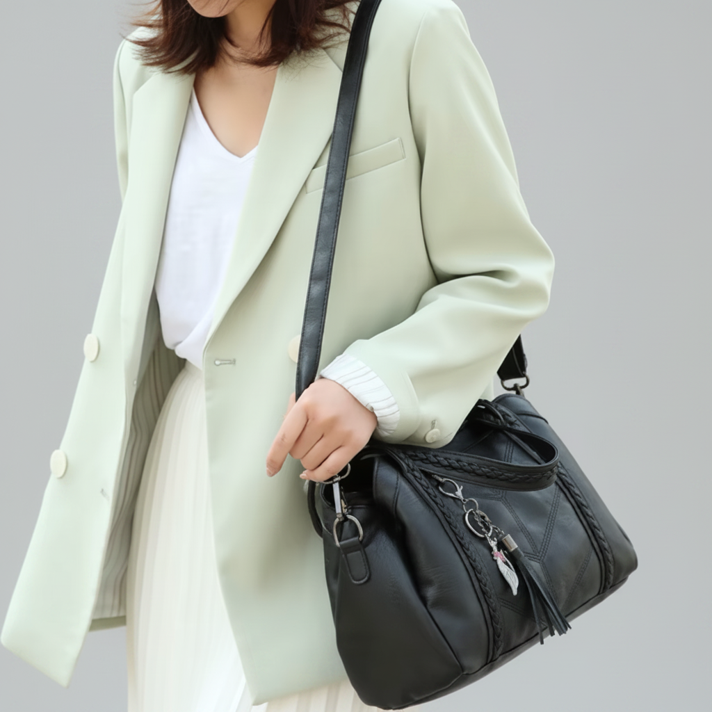 Sac noir crossbody modèle - fond gris clair