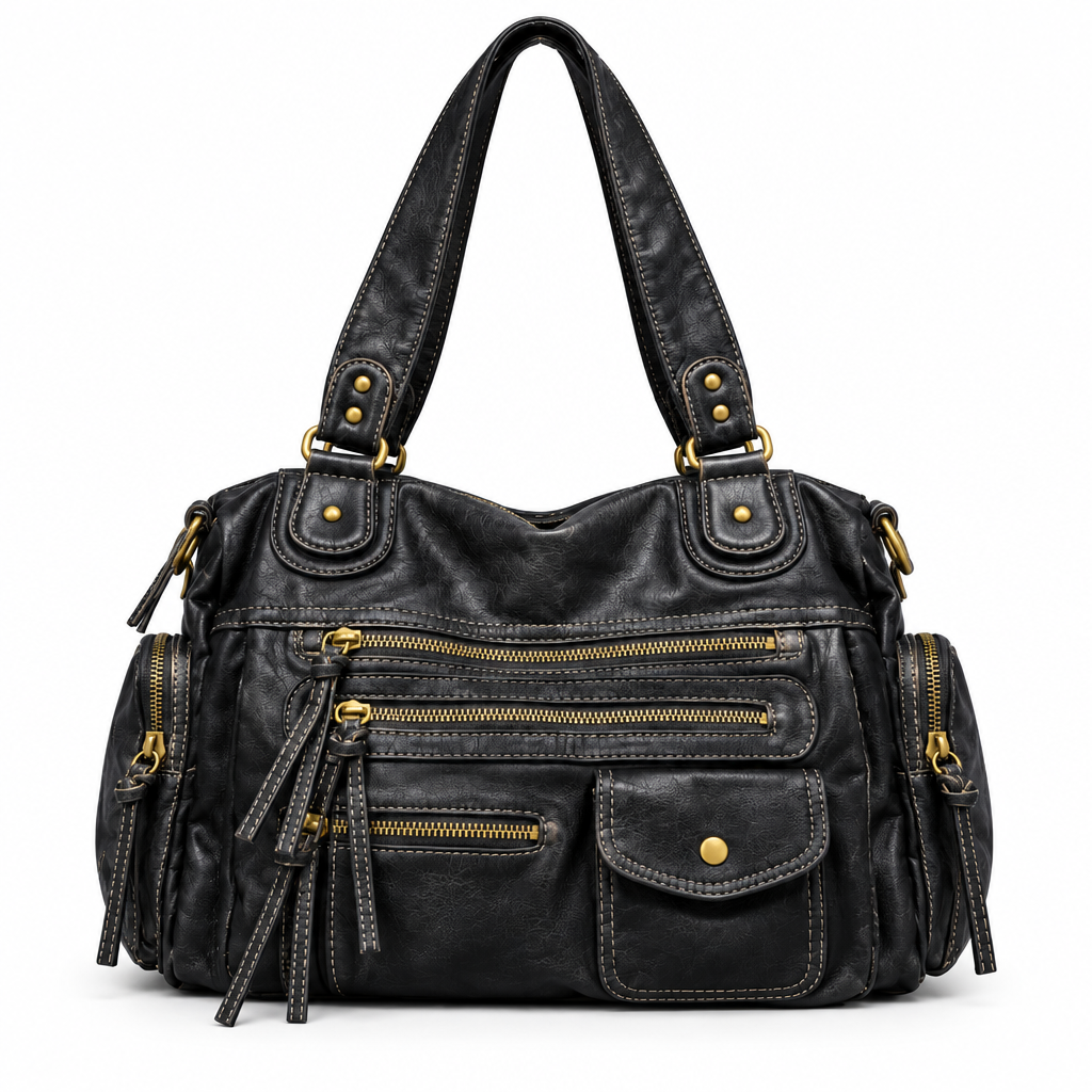 Sac noir multi-poches sur fond blanc