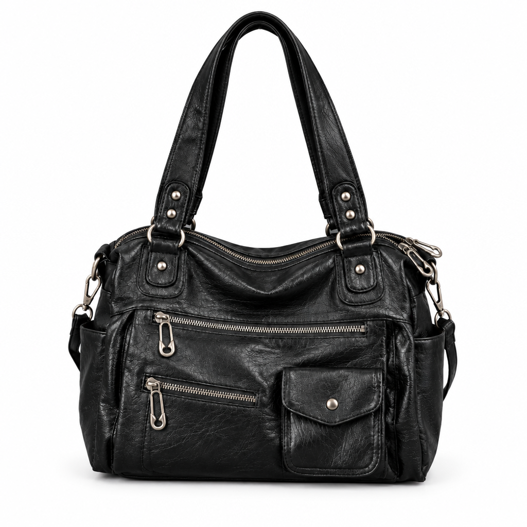 Sac noir multi-poches sur fond blanc