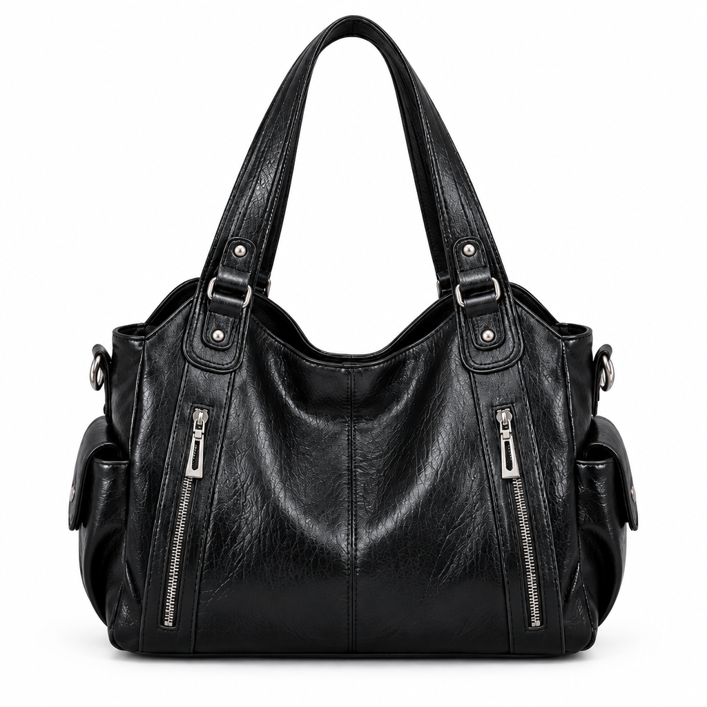 Sac noir à zips argentés sur fond blanc