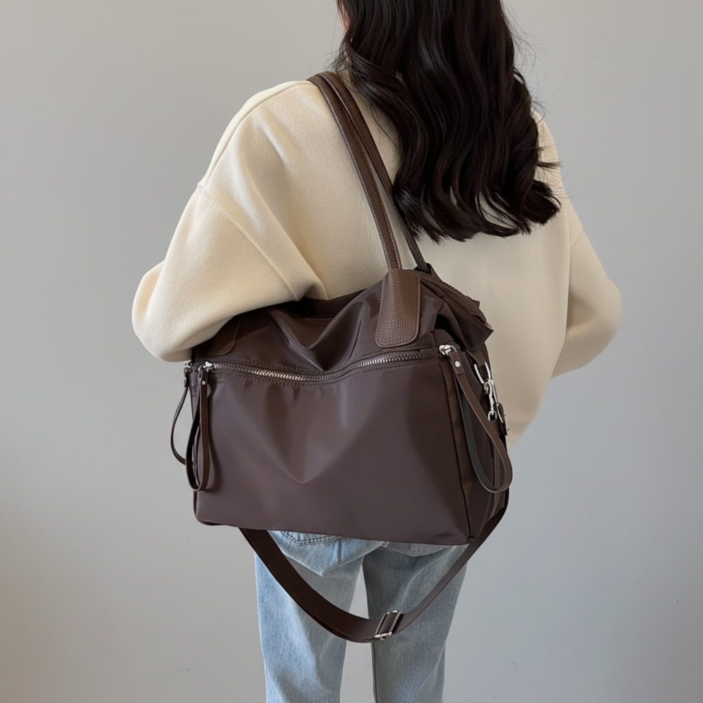 Sac nylon chocolat modèle dos - fond gris clair