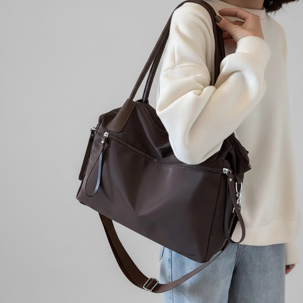 Sac nylon chocolat modèle - fond gris clair