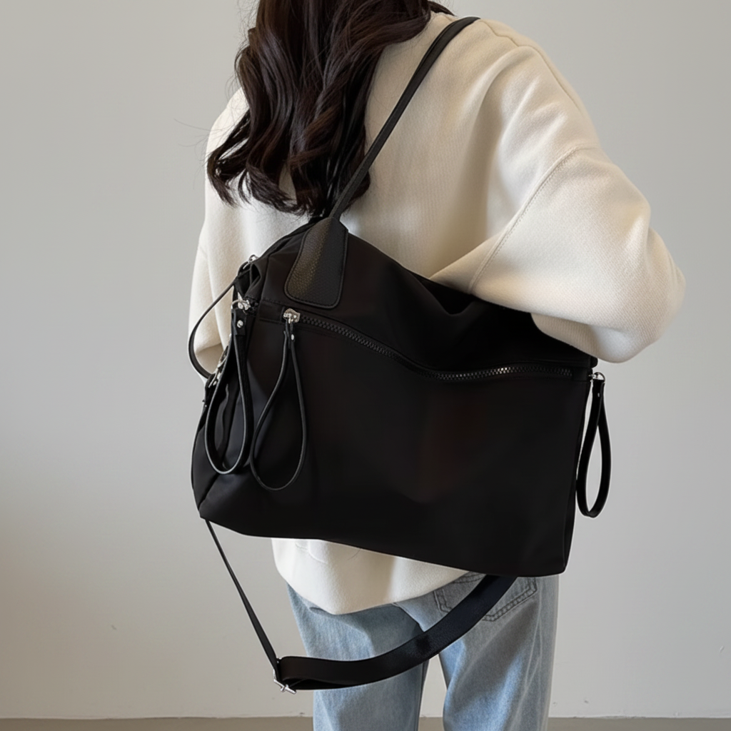 Sac nylon noir modèle dos côté - fond gris clair