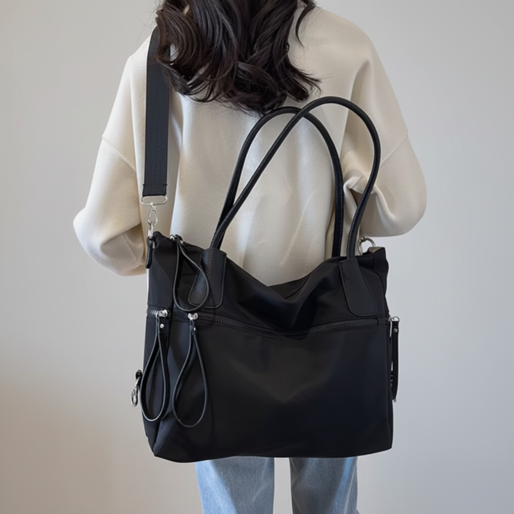 Sac nylon noir modèle dos - fond gris clair