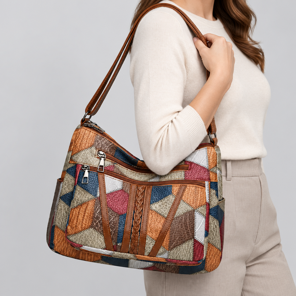 Sac porté sans visage sur fond gris clair