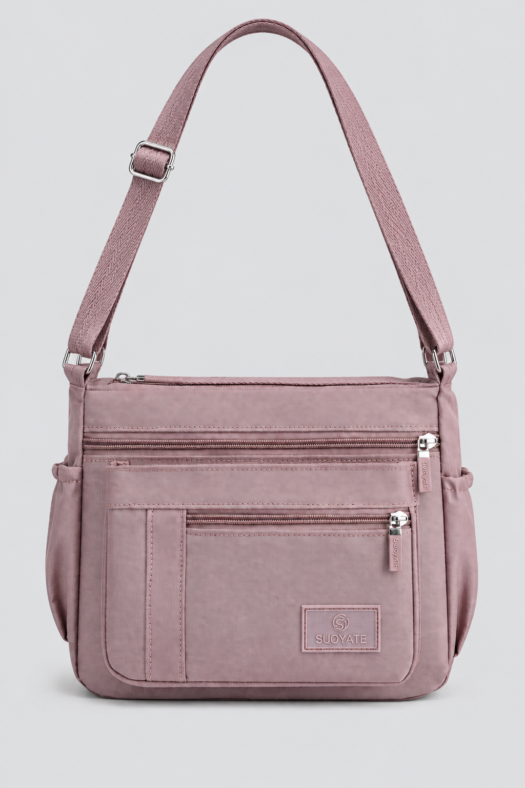 Sac Rosa mauve de face, sangle relevée et visible en entier, fond gris uniforme