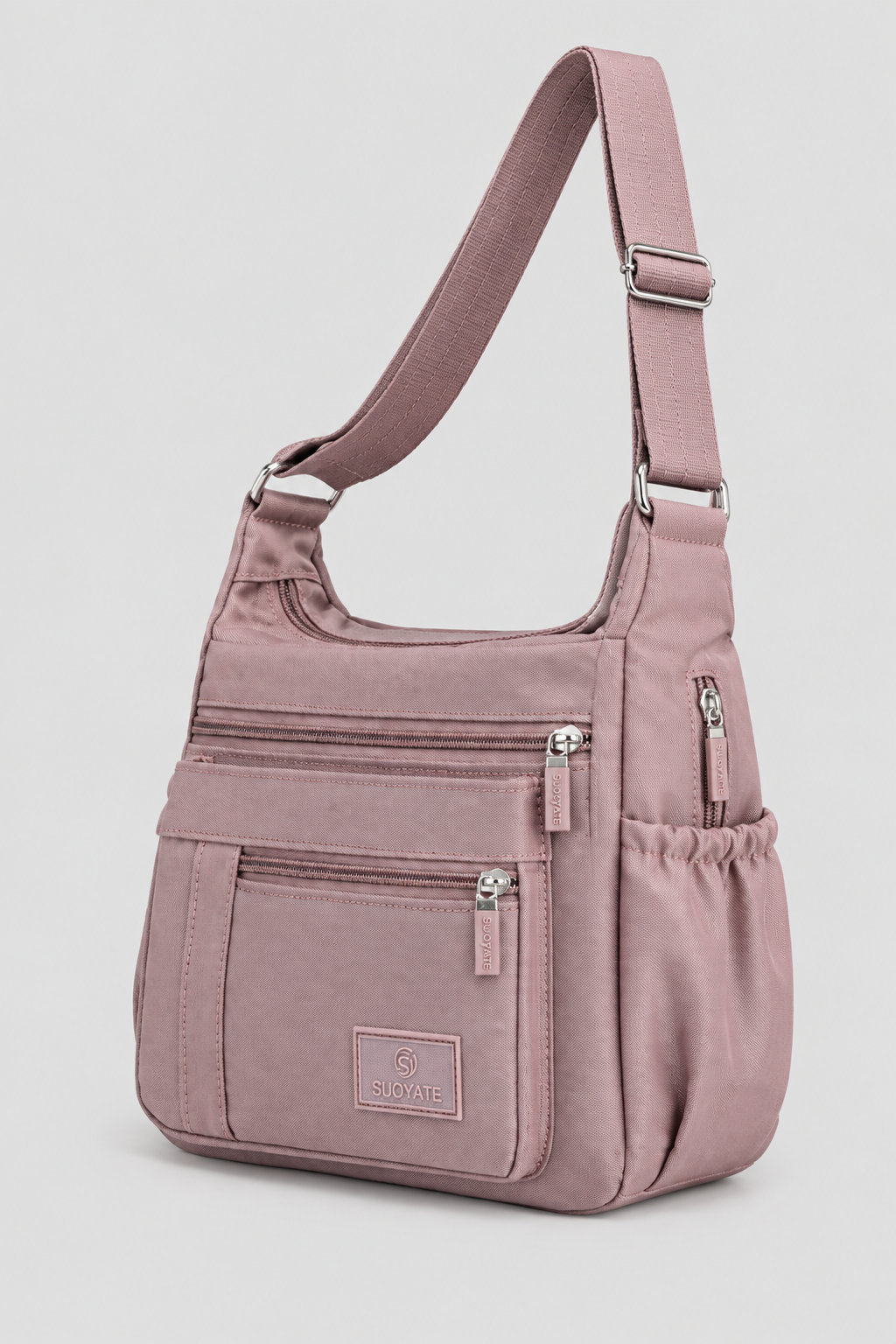 Sac Rosa mauve vu de côté sur fond gris uniforme