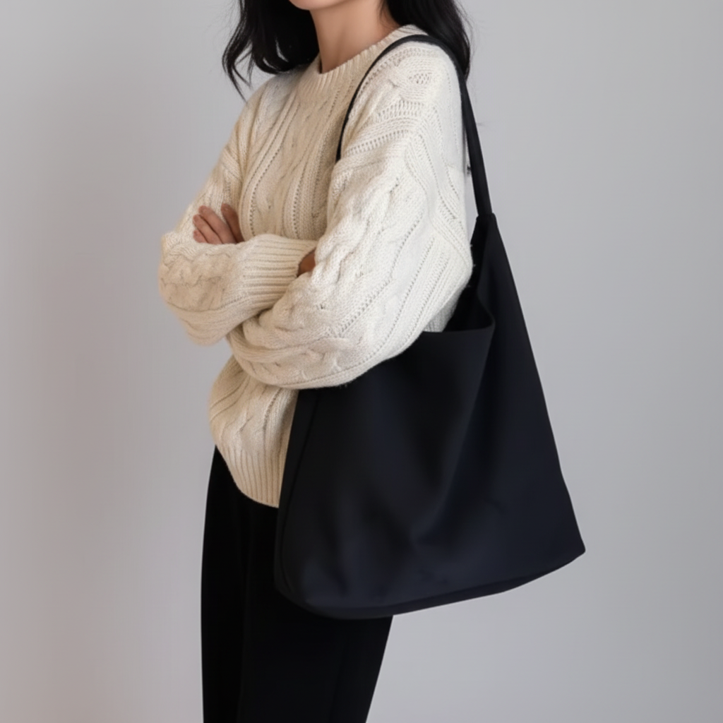 Tote noir slouchy pull blanc - fond gris clair